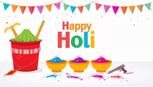 Holi festival celebration setup with buckets of colored powder, water guns, and festive bunting