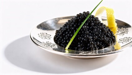 白背景の高級キャビアプレートファインダイニング