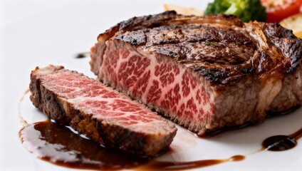 白背景の高級和牛ステーキファインダイニング盛り付け