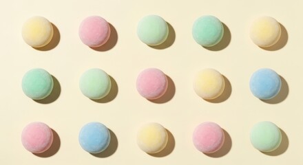 Obraz premium Assorted colorful macarons on a beige background with shadows
