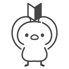 初心者マークを頭上に掲げるひよこの手描き線画イラスト © Nitomaru