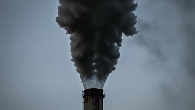 Industrial chimney spews dark smoke against a hazy gray sky, suggesting pollution