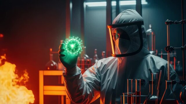 Scientist In Hazmat Suit Examining Glowing Virus Particle In Laboratory Setting With Ominous Fire In The Background For Articles Editorials