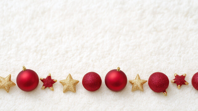 Christmas border with red bauble, golden star, and decoration on white snow background displaying joyful holiday festivity and excitement