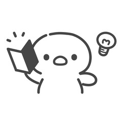 初心者マークを手に持ち電球を浮かべるひよこの手書き線画イラスト　アイデア　発想　ひらめき © Nitomaru