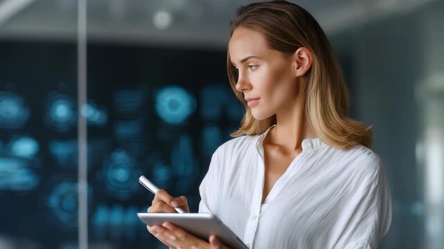 Confident businesswoman in a modern office using a digital tablet for work tasks. Professional female manager focused on technology and productivity in a contemporary workspace