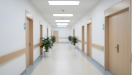Fototapeta premium Blurred background of a long corridor with plant pots and wooden doors