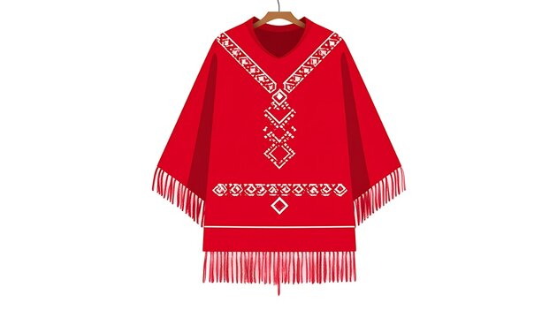 A vibrant red poncho with intricate white geometric patterns adorning the front, complete with fringe and a wooden hanger