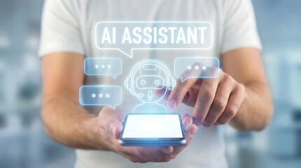 A person in a white t-shirt holds a smartphone displaying an 'AI ASSISTANT' speech bubble and a friendly chatbot icon with headphones, the convenience of conversational artificial intelligence.