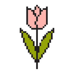 Obraz premium Easter tulip pixel art icon. Retro 8-bit style pink flower with green leaves. Minimalist floral vector illustration isolated on white. Simple game aesthetic spring blossom symbol.