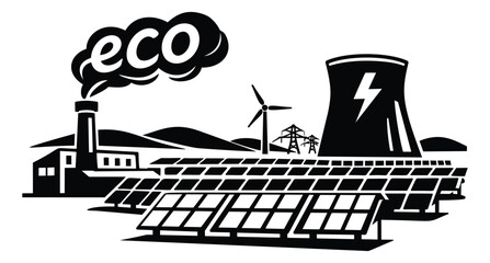 Fototapeta premium Vector illustration of an energy landscape depicting industrial pollution alongside renewable power sources for environmental impact concepts
