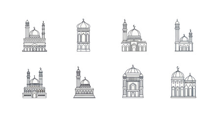 Set of detailed black outline mosque illustrations with domes and minarets, perfect for religious and cultural design projects