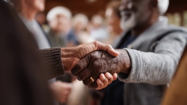 Medium shot of diverse community leaders shaking hands during a local partnership meeting to foster collaboration and social development together.