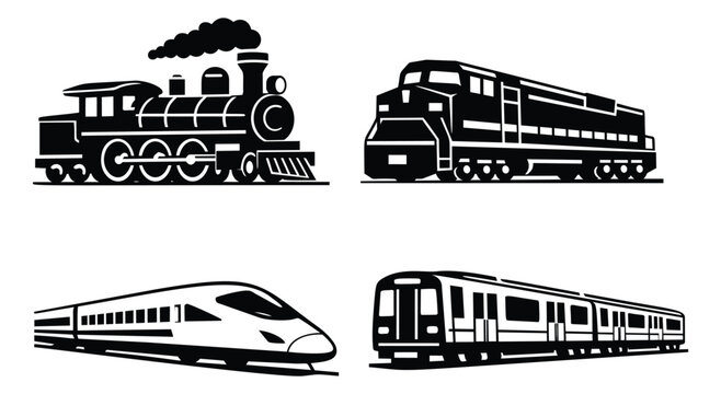 Minimalist line art train icon set featuring steam, diesel, high-speed, and subway locomotives for transportation design