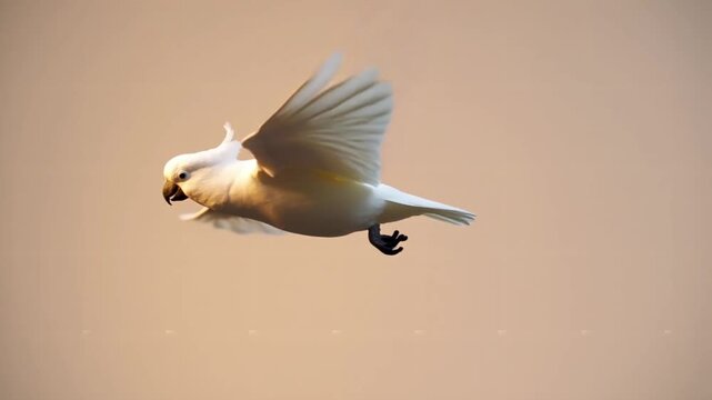A majestic white sulphur-crested cockatoo is gracefully flying with fully extended wings against a soft, muted background during golden hour light.