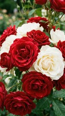 Fototapeta premium Close up of Red and White Roses in Full Bloom