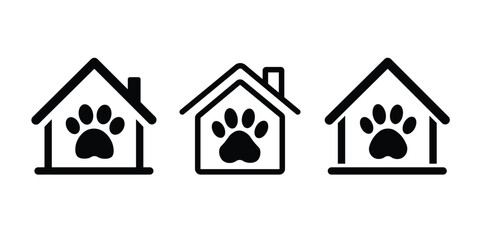 Set of three black and white icons representing a house with a paw print inside, symbolizing pet care, shelter, or home © ABHK