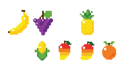 Pixelated fruit icons banana grapes pineapple corn mango and orange