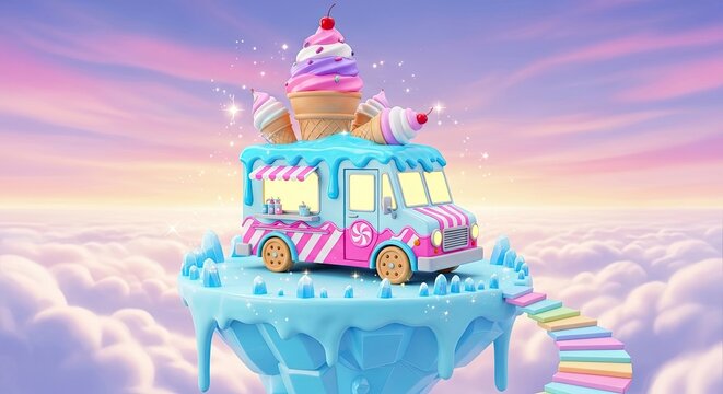A whimsical ice cream truck on a cloud platform with a giant cupcake above it, surrounded by fluffy clouds at sunset