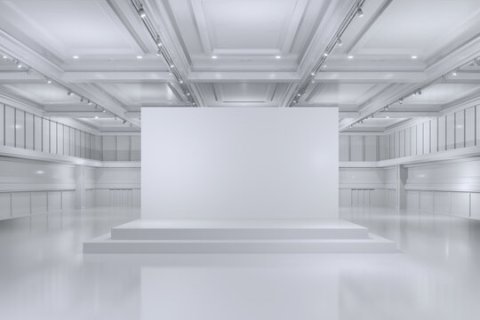 Empty convention hall center with stage.Backdrop for exhibition stands,booth elements. Meeting room for the conference.Big Arena for entertainment,concert,event.Ballroom for music,party.3d render.