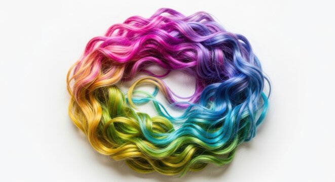 A vibrant rainbowcolored curly hair extension isolated on white background with multicolored strands