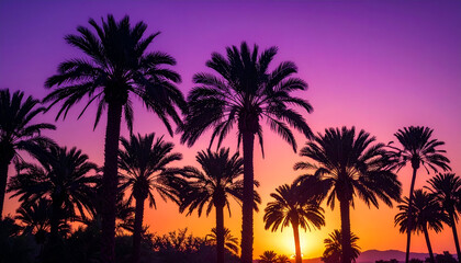 Tropical palm trees against vibrant purple and orange sunset sky.