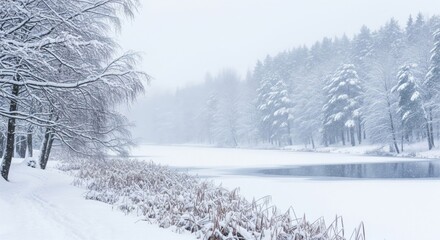 Fototapeta premium Winter Landscape of Snow Covered Trees and River