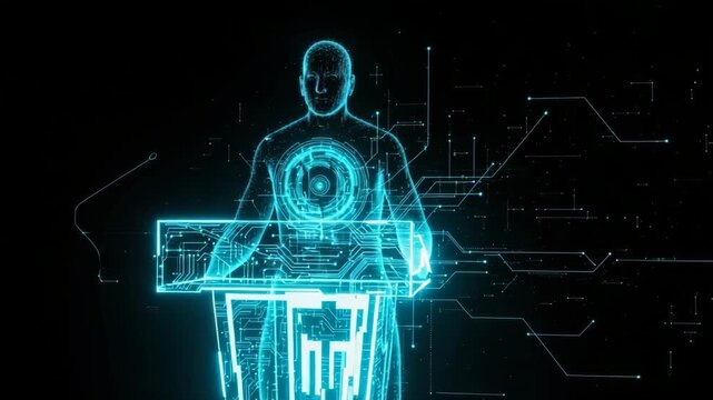 Glowing Digital Figure Speaking At Lectern Set Against Dark Tech-inspired Backdrop Futuristic Technology Applications This Scene Suggests Ai Presentations Data Visualization