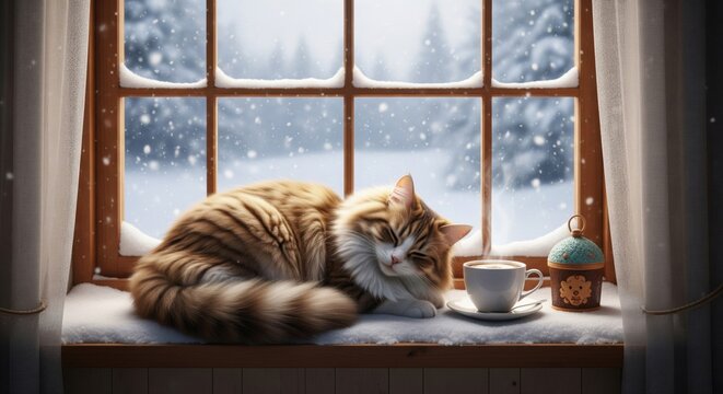Orange Striped Cat Resting Beside White Cup Near Window In Winter