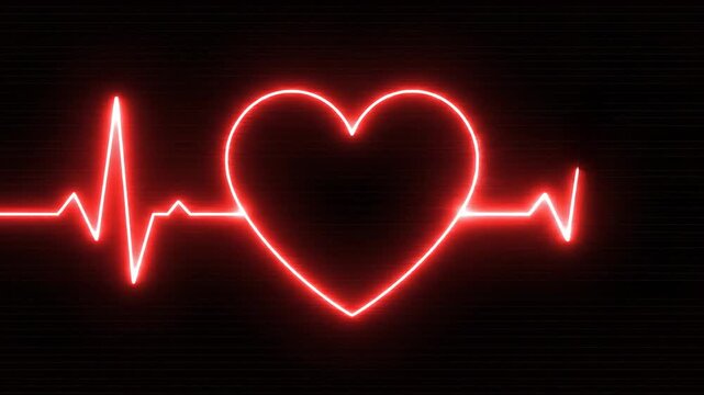 Neon red heart symbol with electrocardiogram line on black background with white space