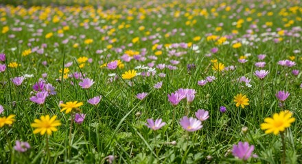 Fototapeta premium Field of Pink Yellow and White Daisies in Green Meadow Sunlight