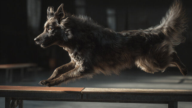 A dog mid-leap, showcasing its agility and focused demeanor