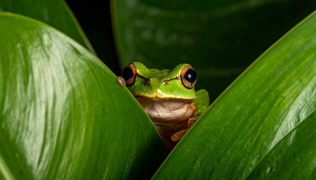 A small green frog peeking between large leaves in a lush natural environment from a close-up viewpoint
