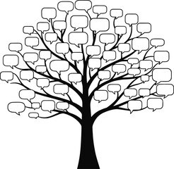 Conceptual black tree silhouette with white speech bubbles representing social media communication networking feedback and knowledge sharing isolated on white background for business design