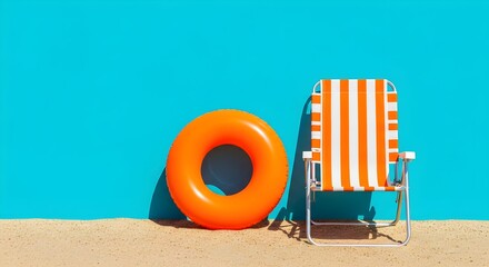 Summer beach concept, chair with ring floating and pineapple on blue background. 3d rendering Illustration  copy space 