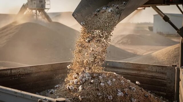 Closeup on trucks being loaded by chute with cottonseeds main focus on flowing seeds while storage piles and dust control systems fade into soft focus.