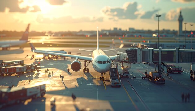 Airplane at Airport Terminal at Sunset.