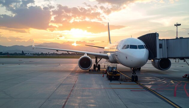 Airplane at Gate during Sunset at Airport.