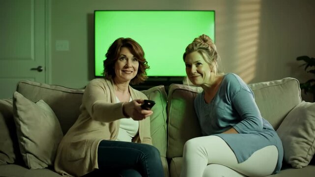 Green Screen women watching television with chroma girlfriends switching channels on tv remote controller sitting sofa together in living room spare time at home relaxing scene 4 distortion, overlay
