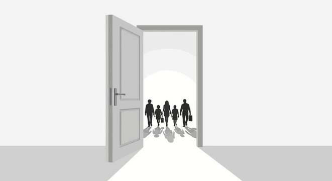 Illustration of people walking through an open door representing access to social welfare and legal protection on World Day of Social Justice