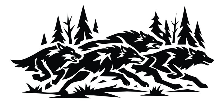 Graphic illustration of a wolf pack depicting running through a forest for wildlife concepts