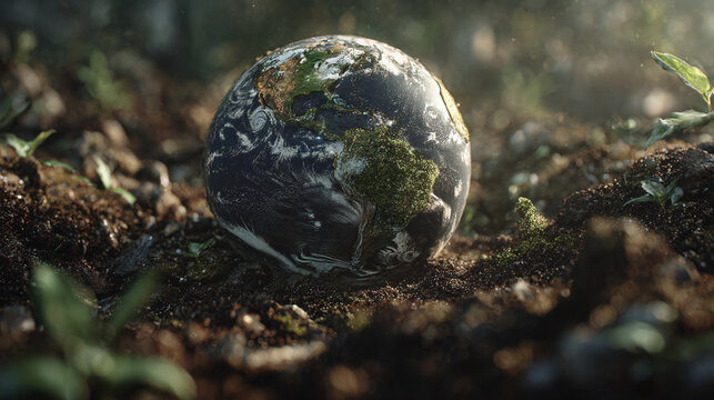 A miniature Earth globe rests on a bed of soil, with new life growing around it. This image evokes feelings of nurturing, sustainability, and the interconnectedness of all life.