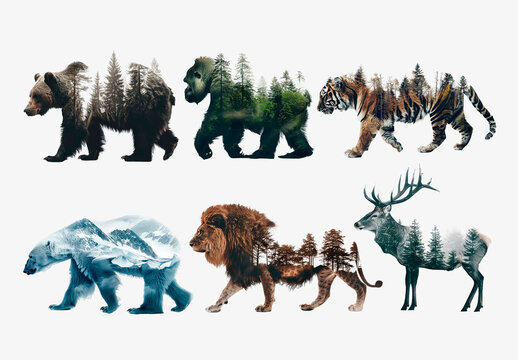 Wildlife Silhouettes With Nature Landscapes Element Set