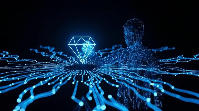 Glowing Digital Form Reaching For Diamond Symbol Connected By Glowing Circuit Lines Against Dark Backdrop Concepts Like Technology Innovation Finance Future Of Value