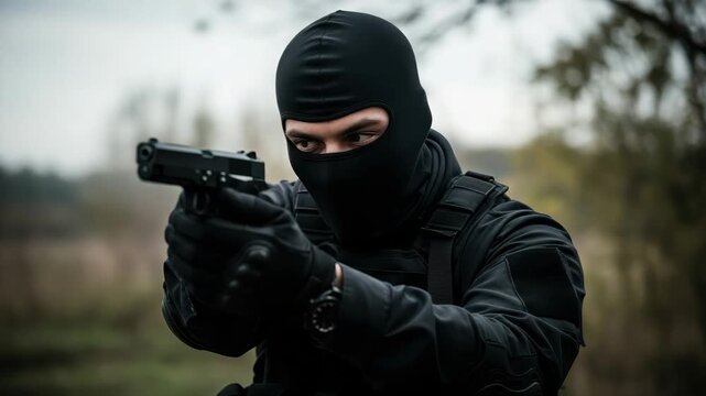 Masked Individual In Combat Attire Aims Handgun In Outdoor Setting With Blurred Trees Sky In The Background For Crime Security Action-themed Visuals