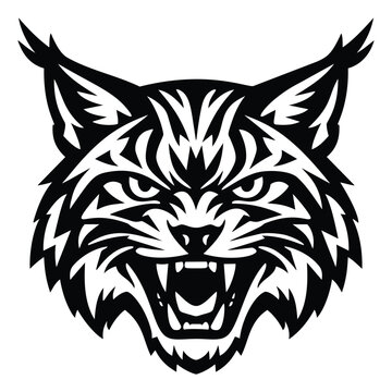 Stylized illustration of a bobcat head depicting an aggressive roar for sports team mascots and logos