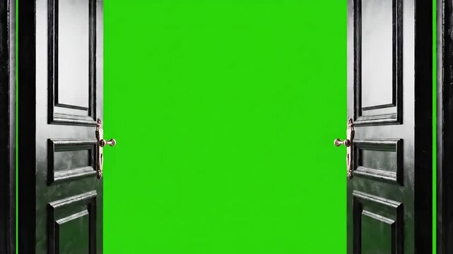 Green Screen black classic doors opening background animation 3d render alpha channel scene 4 with distortion, overlay, glitch, static noise, scan lines on background, 4k animated video loop