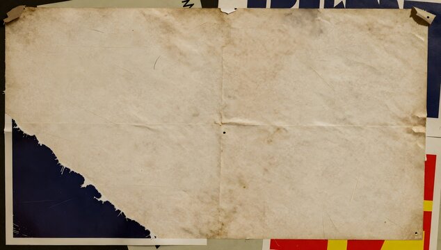 Distressed paper sheet with aged texture and layered collage elements creates a vintage aesthetic