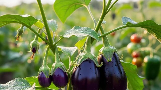 Close-up Of Glossy Ripe Eggplants Growing On Green Plant In Garden The Background Shows Blurred Vegetation Other Crops For Agriculture Farming Food Photography