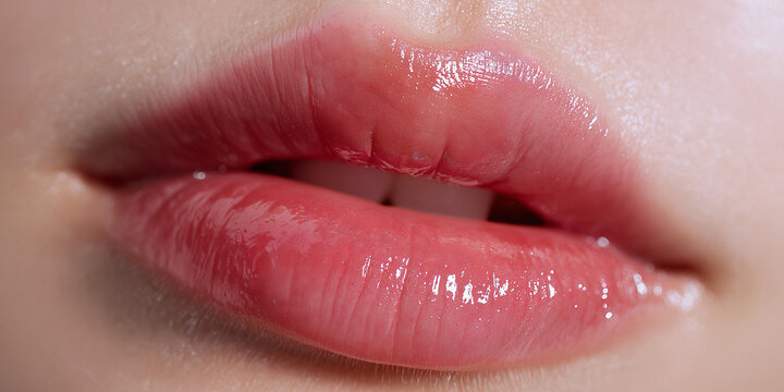 Close-up of glossy pink lips